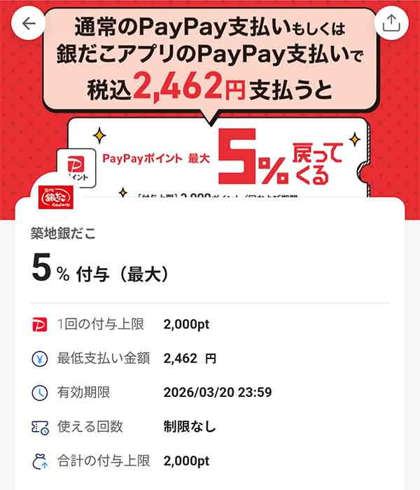 銀だこのスーパーPayPayクーポン