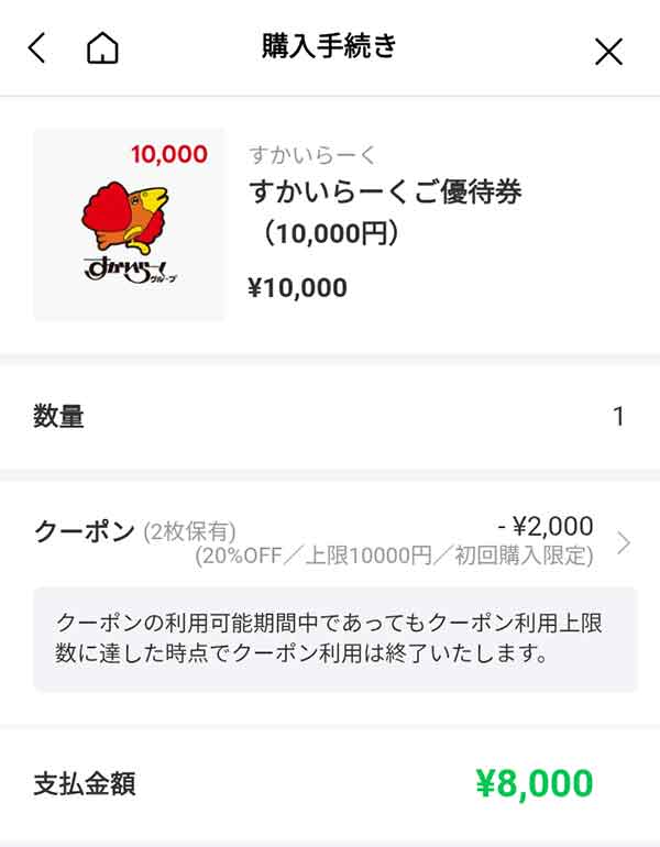 すかいらーくご優待券10,000円