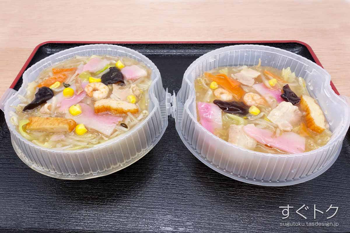 皿うどんのめん増量(写真左)と通常(写真右)を比較