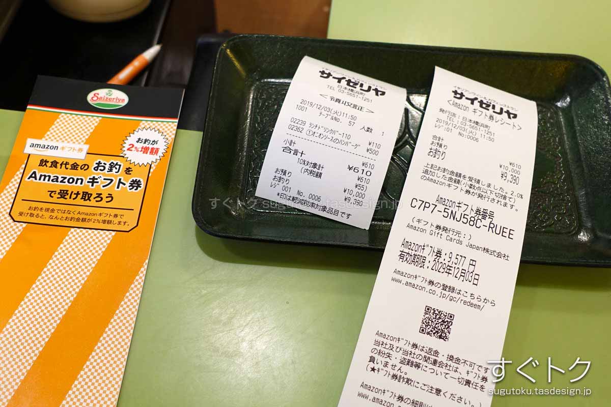 ギフト券番号が印字されたレシートに