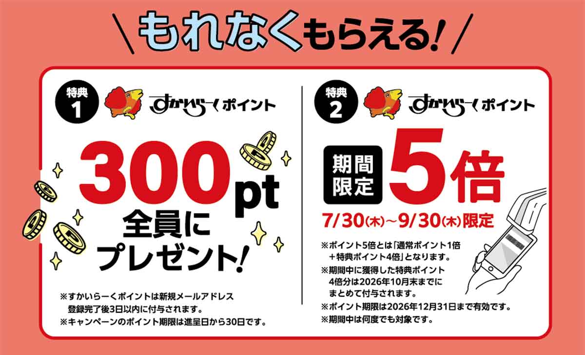 新規会員登録で300ポイント・期間限定ポイント5倍